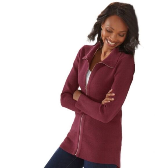 Soft Surroundings Maroon Brooklyn Zip Sweater Cardigan Jacket, L - Picture 1 of 7